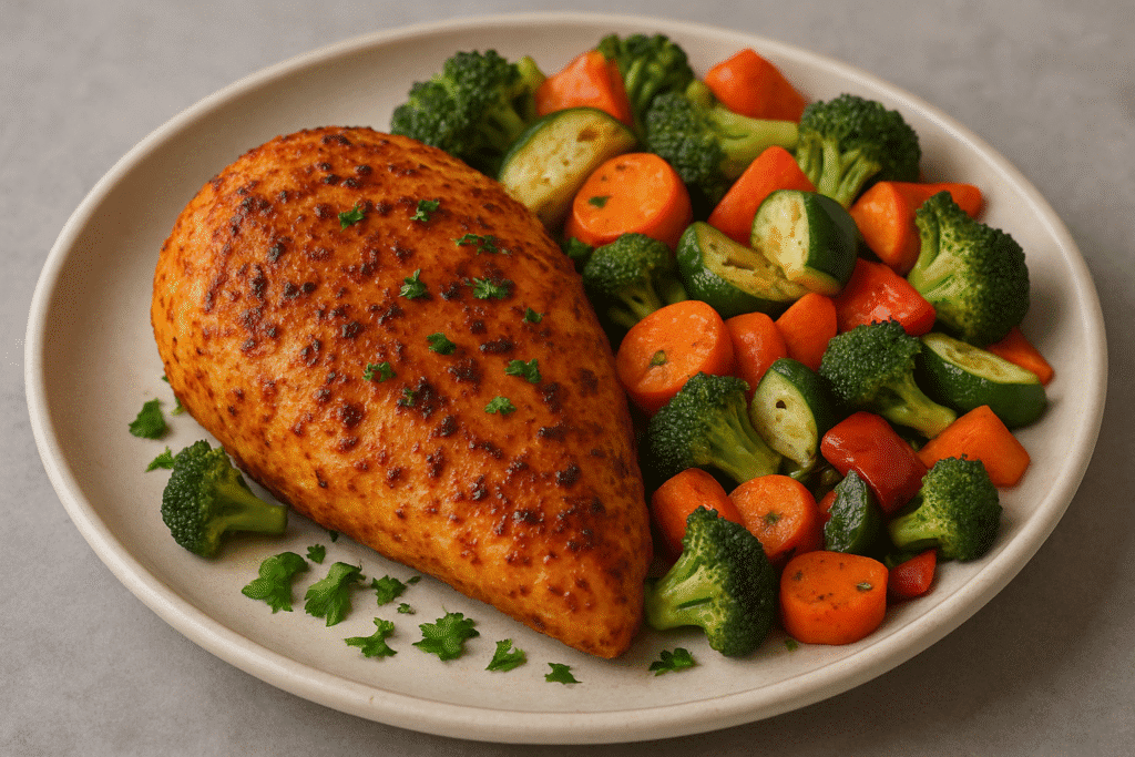 KI-generiertes Bild von Airfryer-Hühnchen mit gemischtem Gemüse