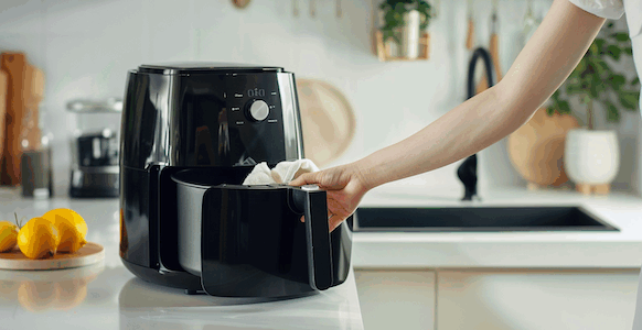 Ein Airfryer steht auf einem weißen Küchencounter. Er ist offen und wird mit einem weissen Tuch von Innen ausgewischt. Den Airfryer reinigen leicht gemacht