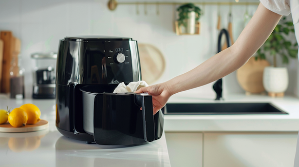 Ein Airfryer steht auf einem weißen Küchencounter. Er ist offen und wird mit einem weissen Tuch von Innen ausgewischt. Den Airfryer reinigen leicht gemacht