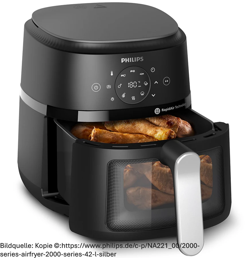 Bild zeigt den Airfryer 2000 Series 4,2L von Phillips, mit geöffneter Ladeklappe, in der gegarten Essen liegt
