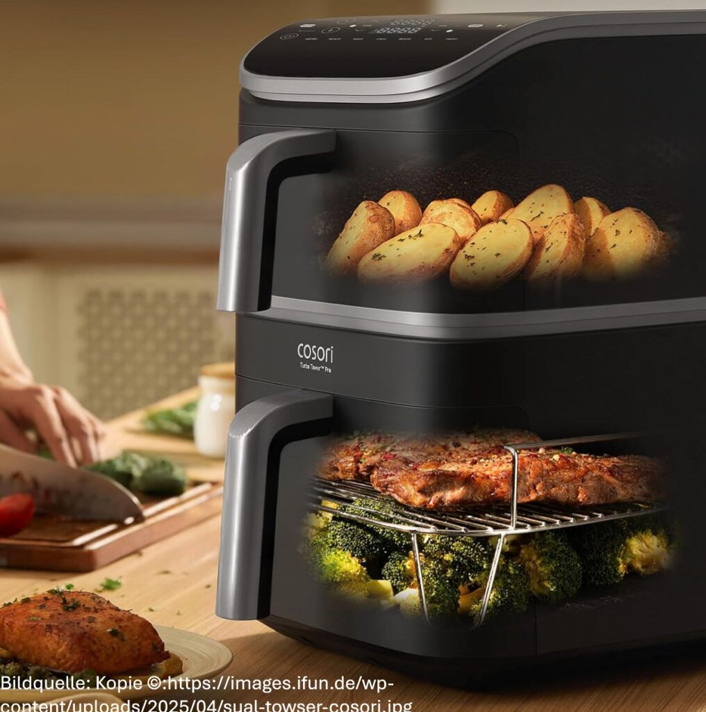 Bild zeigt Cosori Turbo Tower Pro Smart. Transparent mit Speisen in der Garkammer