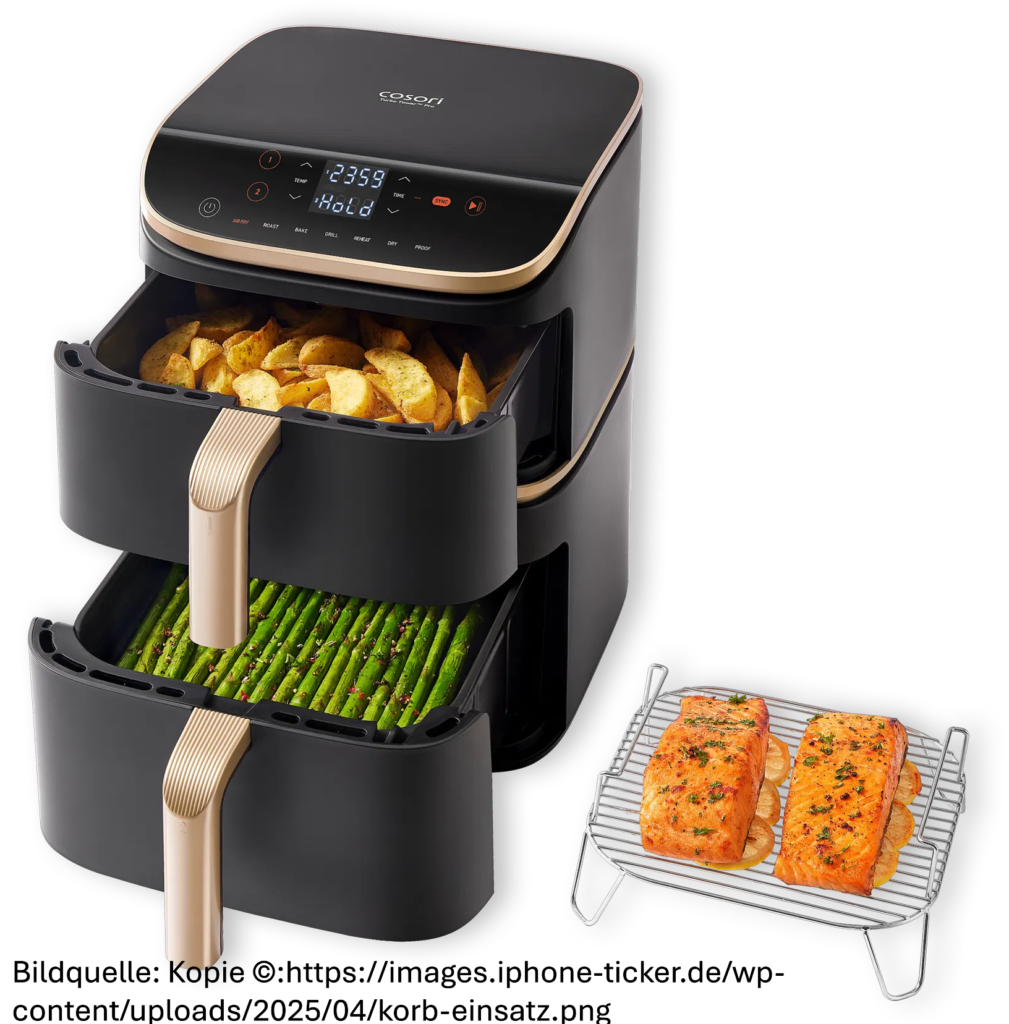 Bild zeigt Cosori Turbo Tower Pro Smart mit geöffneten Ladeklappen und Speisen darin.