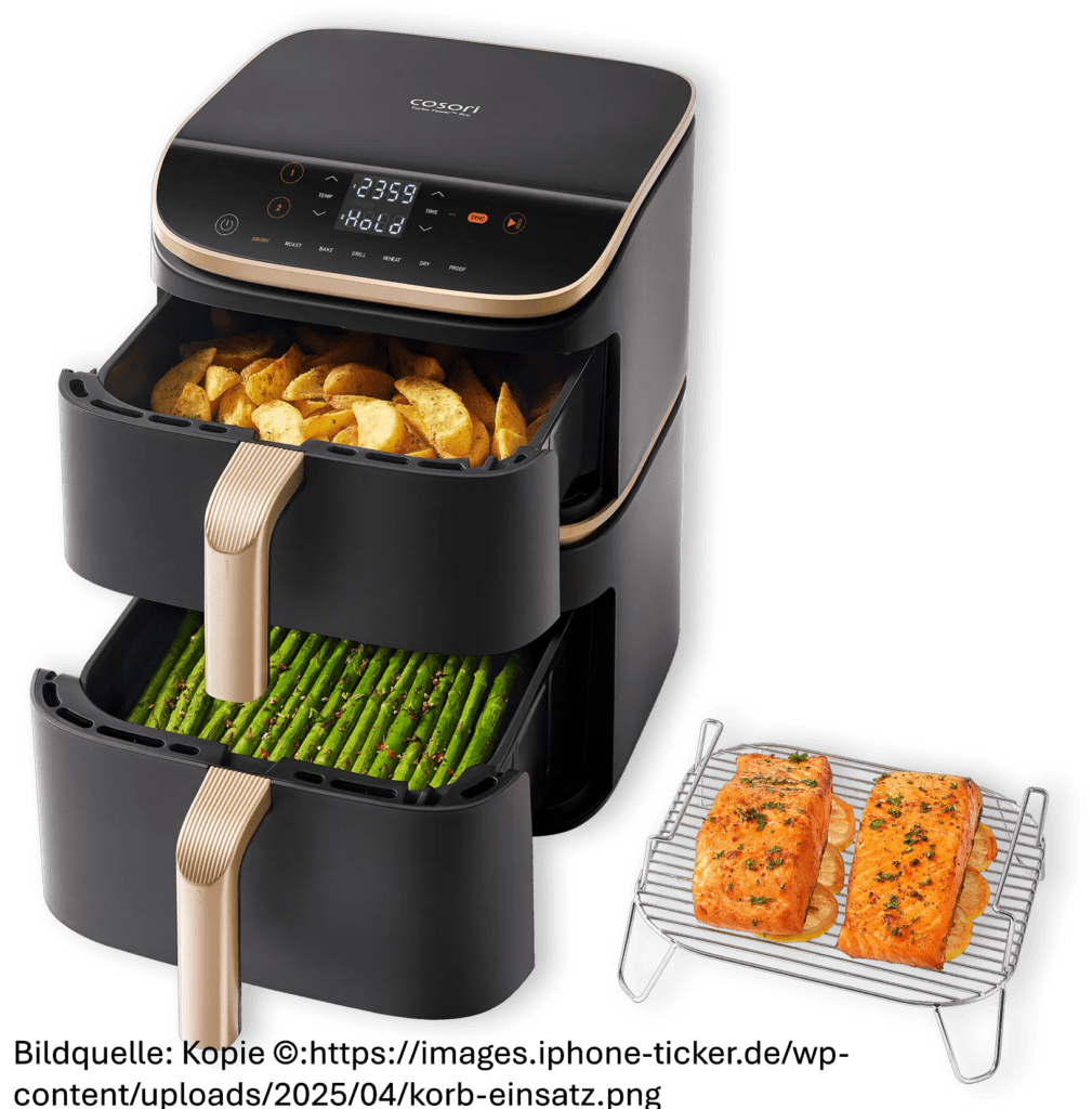 Bild zeigt Cosori Turbo Tower Pro Smart mit geöffnten Garkammern