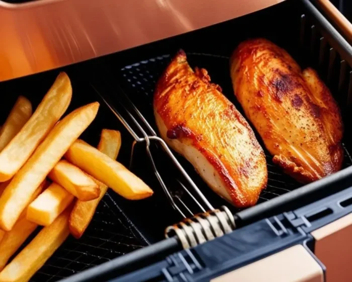 Bild zeigt geöffnete Garkammern eines Airfryer mit Speisen in den Kammern