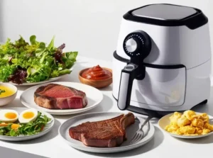Bild zeigt Airfryer mit diversen Speisen um das Gerät 