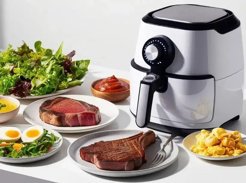 Bild zeigt Airfryer mit diversen Speisen um das Gerät