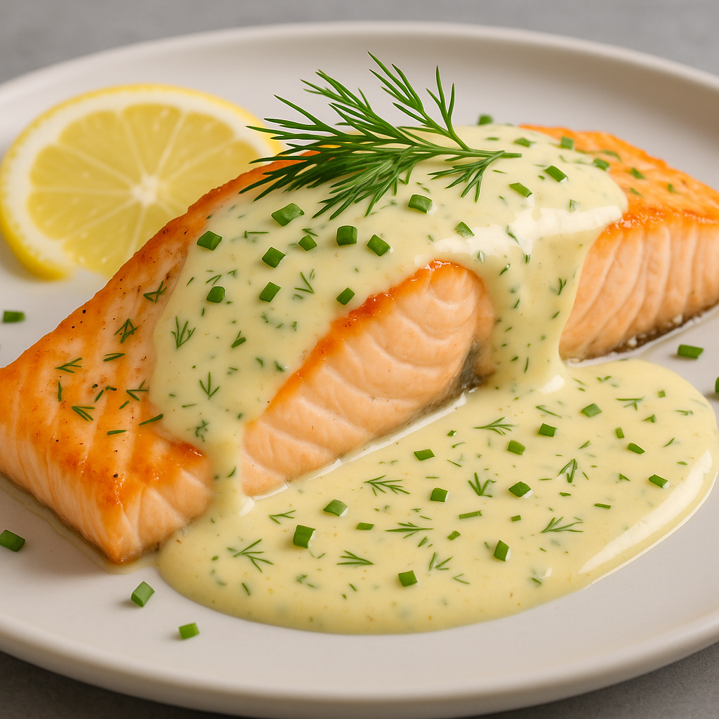 Bild zeigt ein KI generiertes Menü in Form von Lachfilet mit Zitronen-Dill Sauce
