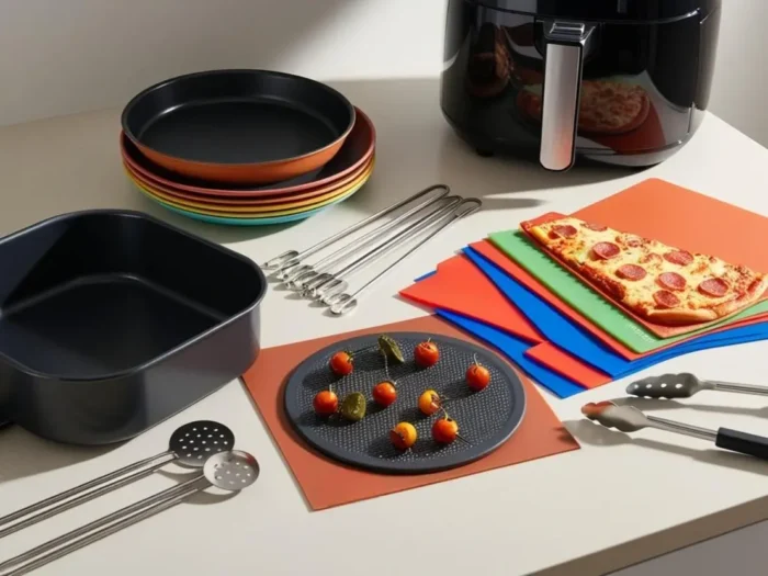 Symbolbild - Diverses Airfryer-Zubehör auf dem Tisch verteilt.