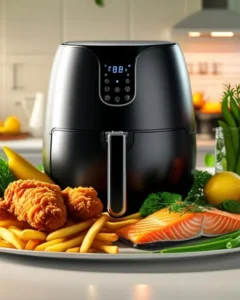 Bild zeigt einen Airfryer mit diversen Speisen um das Gerät herum