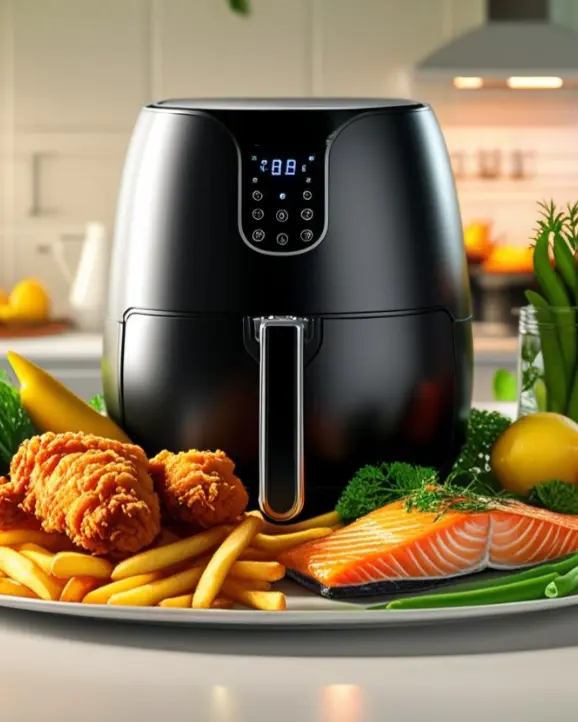 Bild zeigt einen Airfryer mit diversen Speisen um das Gerät herum