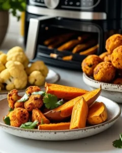 Bild zeigt Symbolbild mit drei veganen Gerichten, die vor einem Airfryer stehen