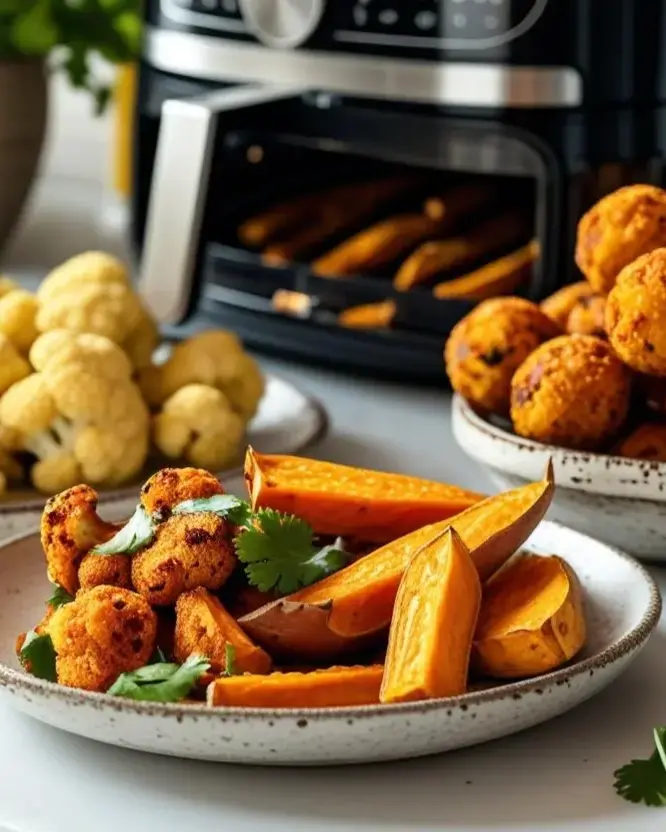 Bild zeigt Symbolbild mit drei veganen Gerichten, die vor einem Airfryer stehen