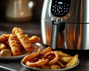 Symbolbild, welches einen Airfryer zeigt und Snacks im Vordergrund
