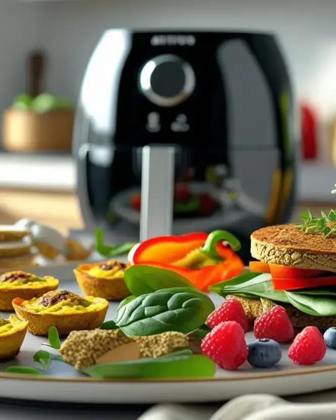 Bild ist ein Symbolbild und zeigt einen Airfryer mit Variation zum Frühstück im Vordergrund