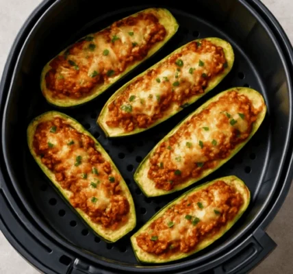 Gefüllte Zucchini-Boote aus dem Airfryer liegen in einem Garkorb, lecker und knusprig braun gegart