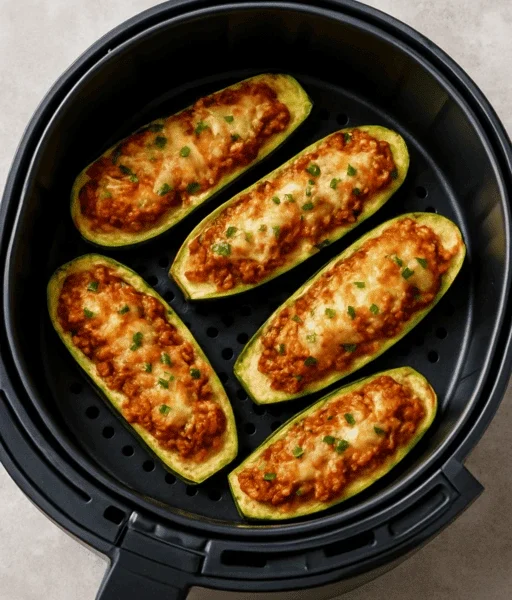 Gefüllte Zucchini-Boote aus dem Airfryer liegen in einem Garkorb, lecker und knusprig braun gegart