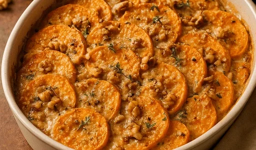 Süßkartoffel-Walnuss-Gratin