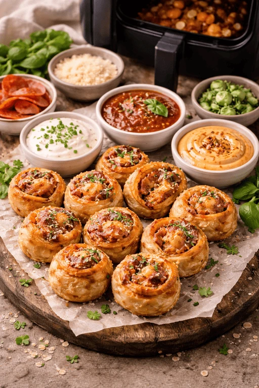 Airfryer Ofen-Pizza Rolls mit Dip Trio.