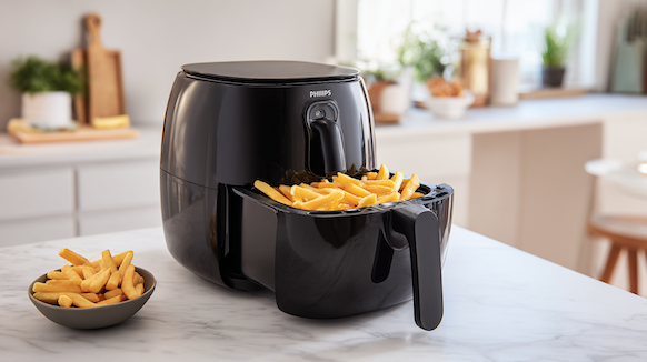 Philipps 3000 Airfryer im Test. Der Airfryer ist auf einem weißen Küchencounter und hat Pommes in der Schale
