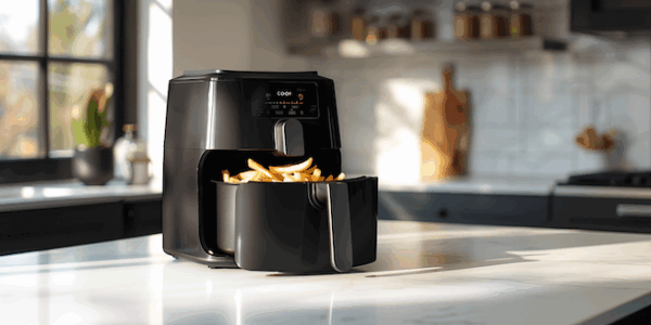 Cosori Pro LE Airfryer Test auf Küchenarbeitsplatte mit knusprigen Pommes im geöffneten Korb