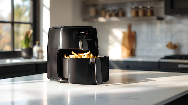 Cosori Pro LE Airfryer Test auf Küchenarbeitsplatte mit knusprigen Pommes im geöffneten Korb