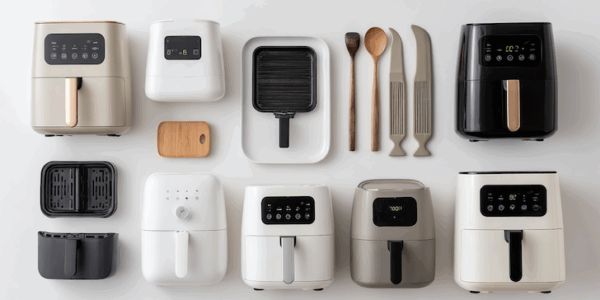 verschiednee Airfryer liegen auf einem weissen Untergrund. Der beste Airfryer 2026 wurde von uns getestet