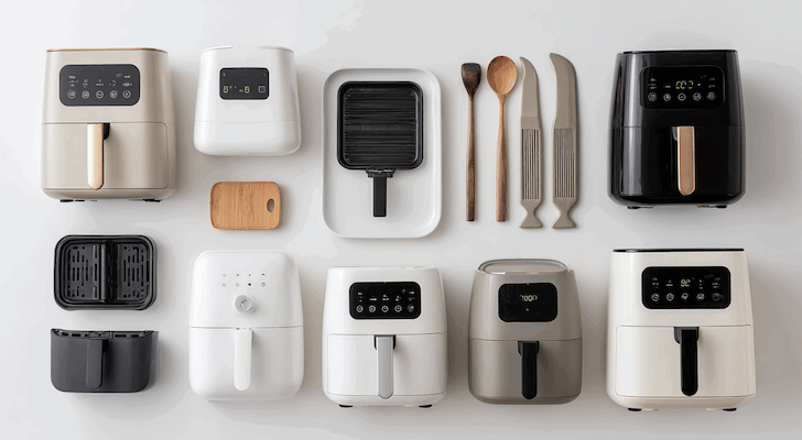 verschiednee Airfryer liegen auf einem weissen Untergrund. Der beste Airfryer 2026 wurde von uns getestet