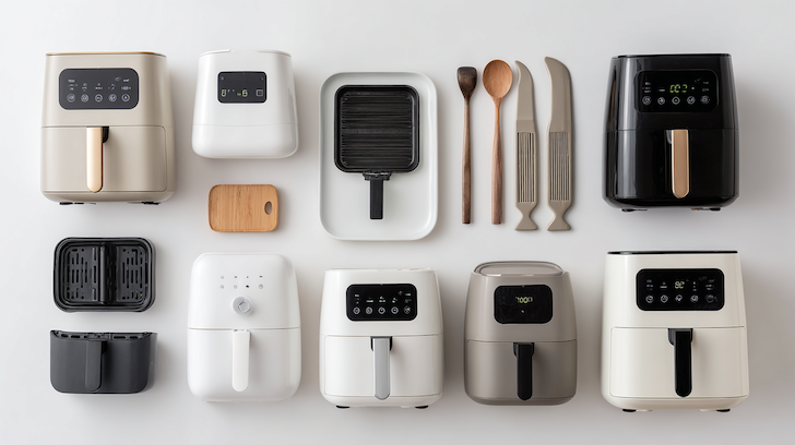 verschiednee Airfryer liegen auf einem weissen Untergrund. Der beste Airfryer 2026 wurde von uns getestet