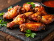 Airfryer Chicken Wings liegen auf einer Schieferplatte. Lecker gegart und mit Dip