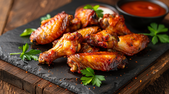 Airfryer Chicken Wings liegen auf einer Schieferplatte. Lecker gegart und mit Dip