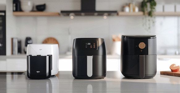 Airfryer Kaufratgeber. 3 Airfryer stehen auf einem Küchentresen