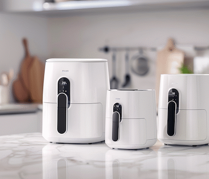 Philips Airfryer Test. 3 weiße Airfryer von Philips stehen in einer weissen Küche.