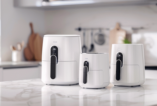 Philips Airfryer Test. 3 weiße Airfryer von Philips stehen in einer weissen Küche.