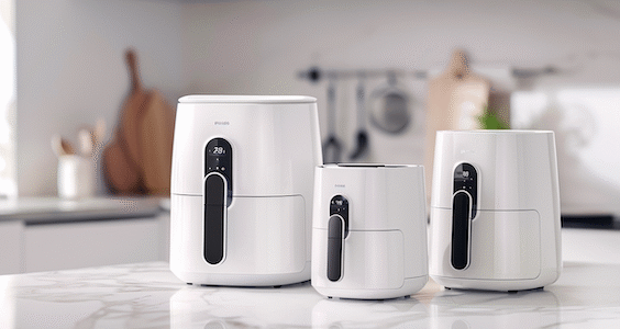 Philips Airfryer Test. 3 weiße Airfryer von Philips stehen in einer weissen Küche.