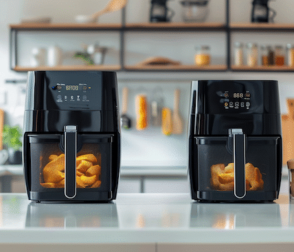 Airfryer für Familien. Zwei Familientaugliche Airfryer stehen in einer modernen Küche