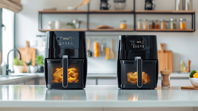 Airfryer für Familien. Zwei Familientaugliche Airfryer stehen in einer modernen Küche