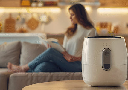 Leiser Airfryer – so leise dass man daneben entspannen kann, wie diese Frau die auf dem Sofa ein Buch liest.