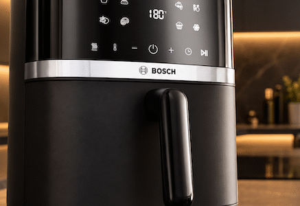 Bosch Serie 4 Airfryer Test - Die Bosch Heissluftfriteuse steht auf einer schwarzen Küchenplatte in einer modernen dunklen Küche.