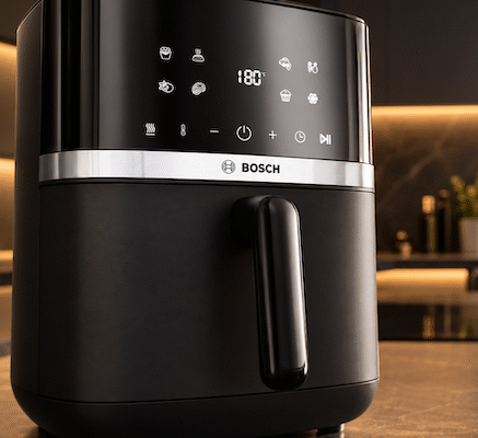 Bosch Serie 4 Airfryer Test - Die Bosch Heissluftfriteuse steht auf einer schwarzen Küchenplatte in einer modernen dunklen Küche.