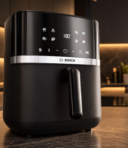 Bosch Serie 4 Airfryer Test - Die Bosch Heissluftfriteuse steht auf einer schwarzen Küchenplatte in einer modernen dunklen Küche.