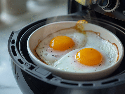 Eier im Airfryer - 2 Spiegeleier sind im Garkorb eines Airfryers