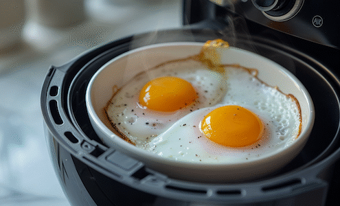 Eier im Airfryer - 2 Spiegeleier sind im Garkorb eines Airfryers