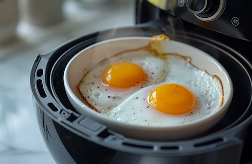Eier im Airfryer - 2 Spiegeleier sind im Garkorb eines Airfryers
