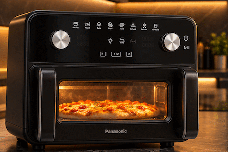 Panasonic Airfryer Test - Die Heissluftfriteuse steht in unserer Küche mit einer Pizza im Garkorb